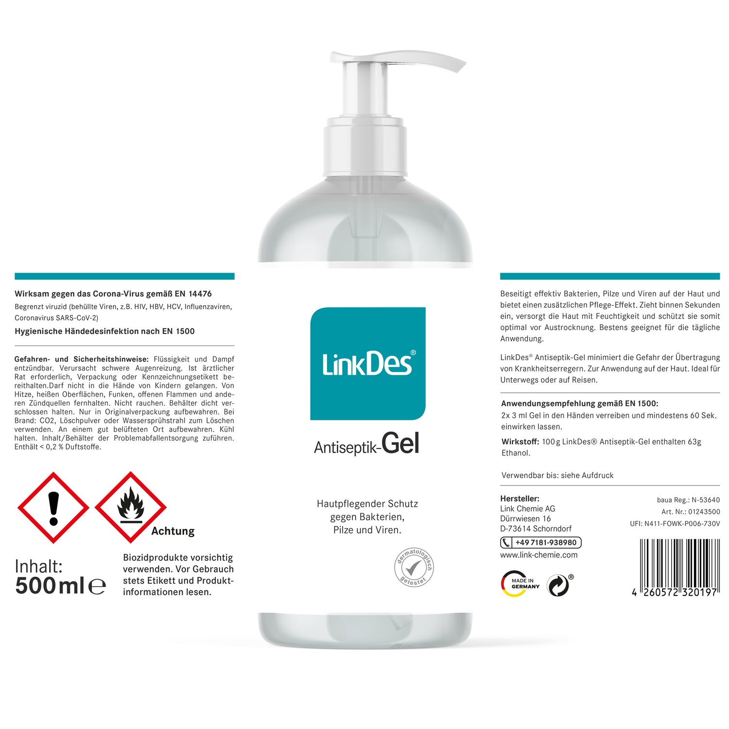 LinkDes® antiseptic gel, disinfectant gel (2x 500 ml)