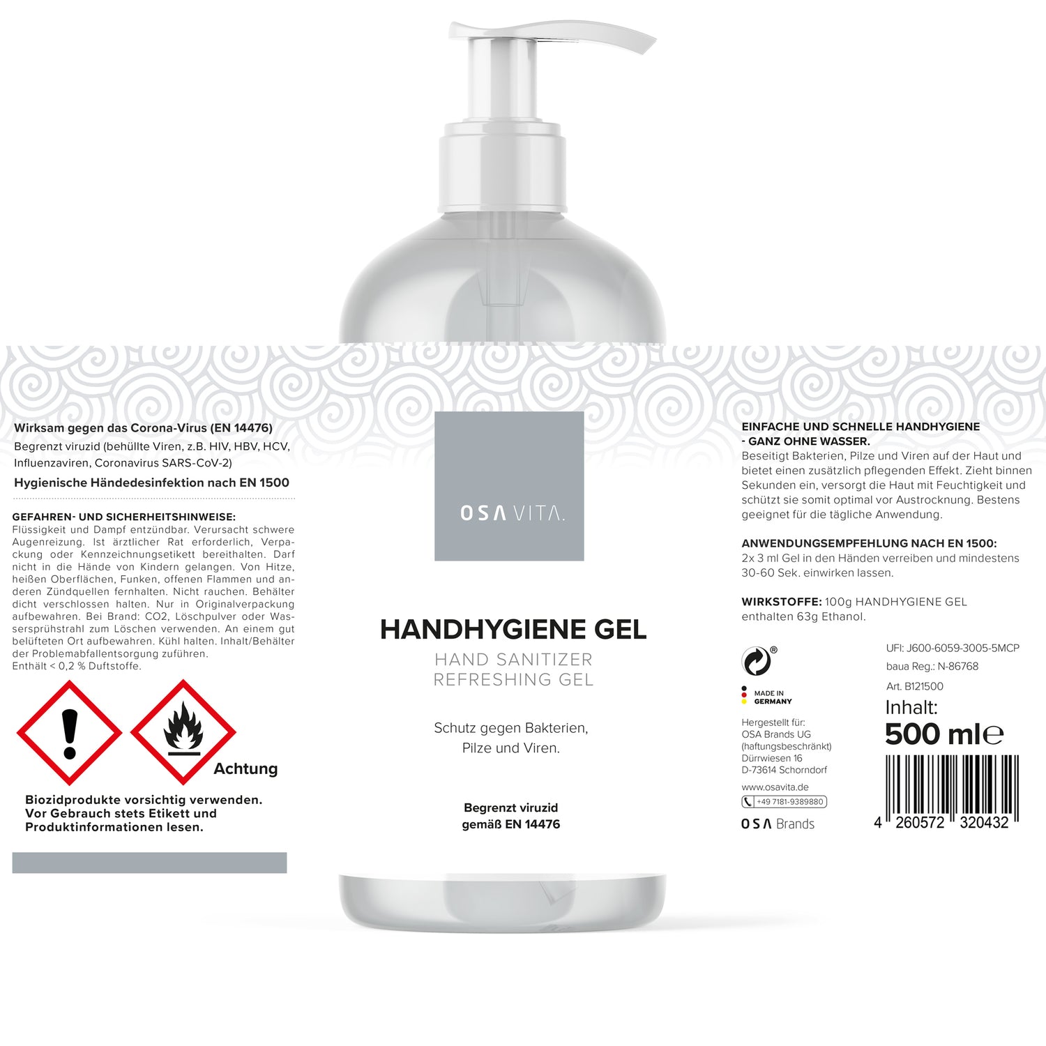 OSAVITA® Hand Hygiene Gel, disinfectant gel for hands according to EN 14476 (8x 500 ml)