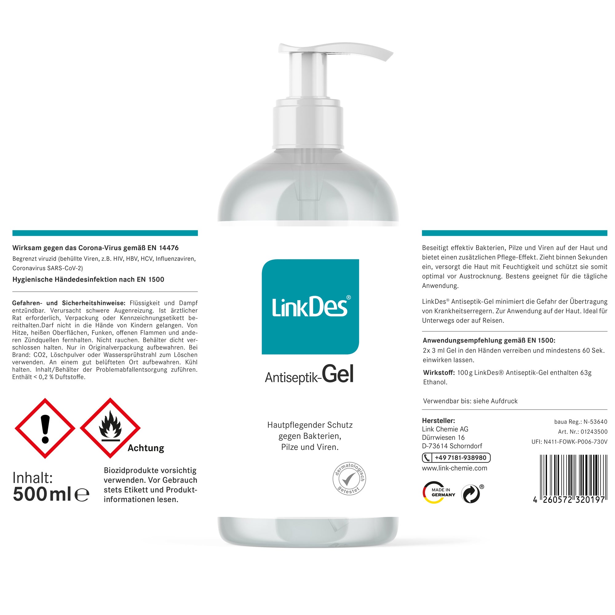 LinkDes® Antiseptic Gel, disinfectant gel for hands (2x 500 ml) 