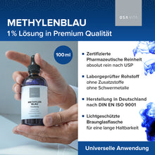 Laden Sie das Bild in den Galerie-Viewer, Methylenblau 1%, Methylenblau, Methylenblau USP, Methylenblau Pharma, Methylenblau Lösung, Methyleneblue, Methylenblau 1%, Methylenblau 100 ml, 1% Methylenblau Lösung Pharma Qualität, Methylenblau Lösung USP, Methylenblau Lösung 100 ml, Chemischer Farbstoff Methylenblau, Medizinisches Methylenblau